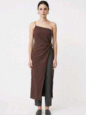 Camila Coelho One-Shoulder Brown Twist Slit Midi Dress